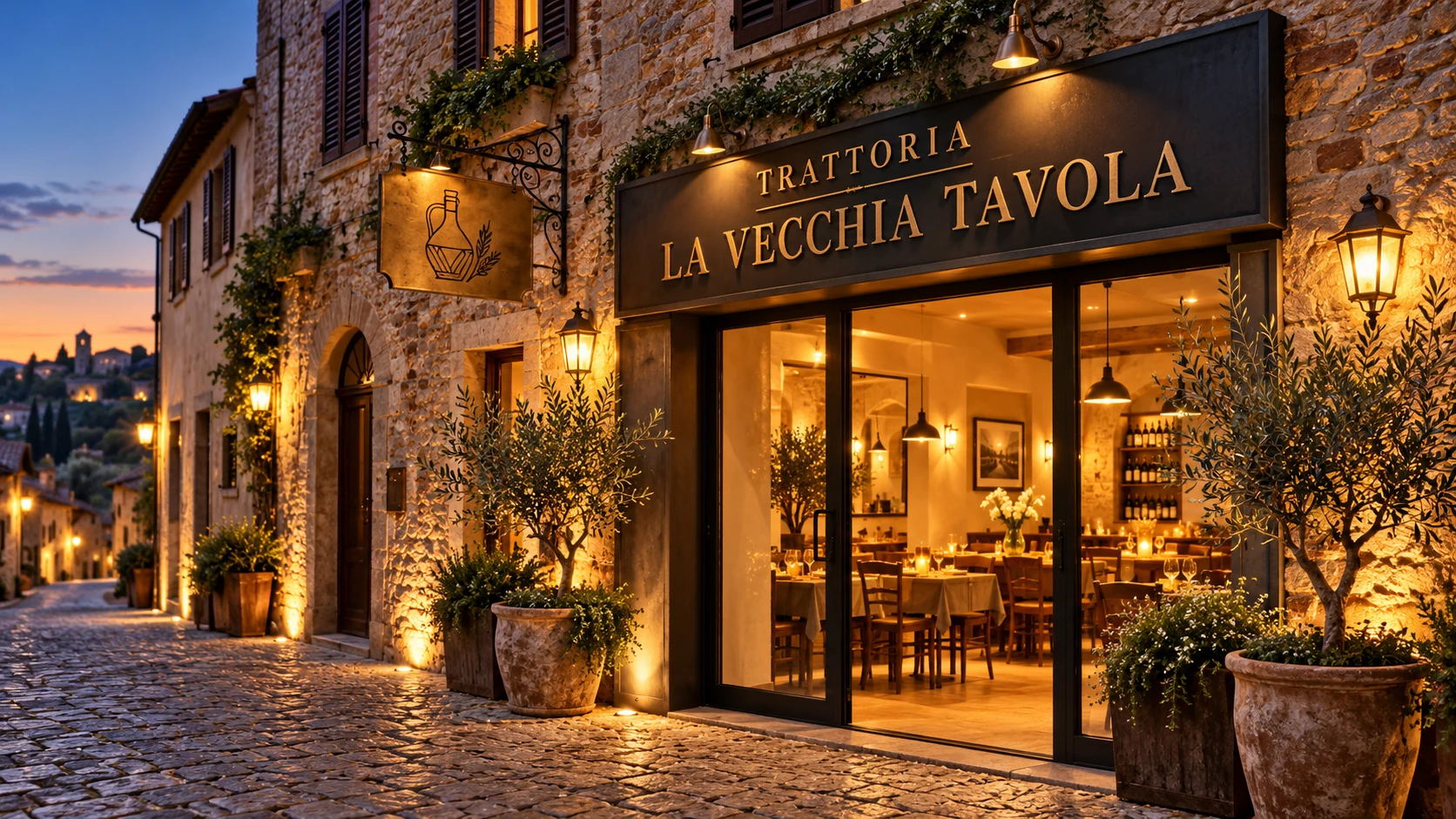 Concept della facciata di La Vecchia Tavola: pietra, insegna color oro antico e sala illuminata da una luce calda